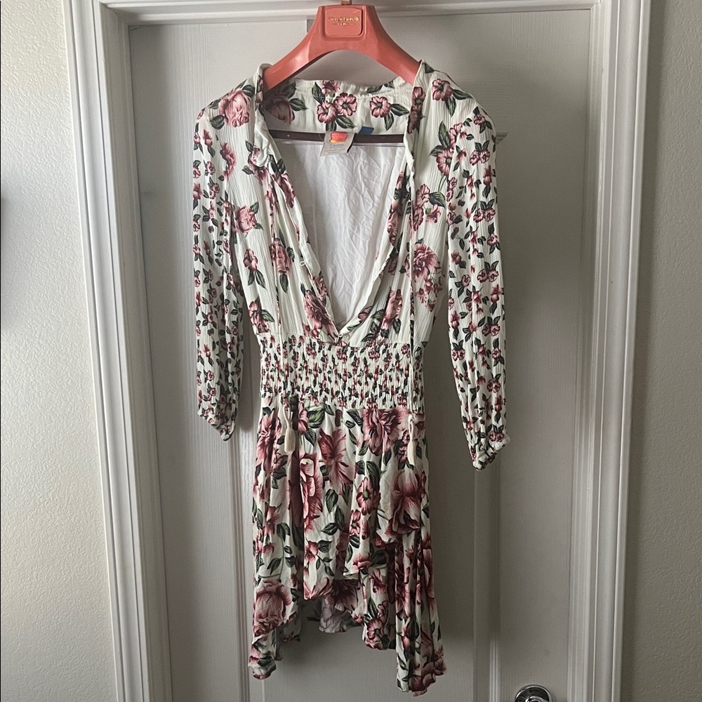 FARM Rio Cream Mini Dress with Pink Floral Print
